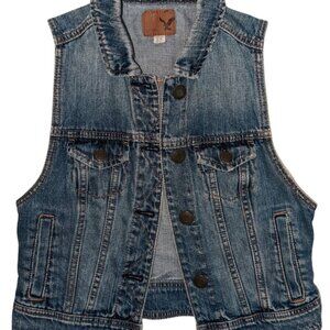 Women's Size XS American Eagle AEO Denim Vest Jean Sleeveless Trucker Distressed